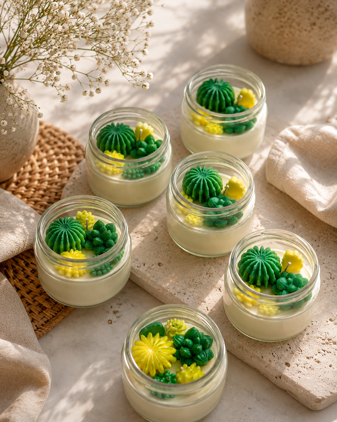Six handmade 12oz soy wax candles in glass jars topped with green cactus and yellow flower wax sculptures on a stone surface