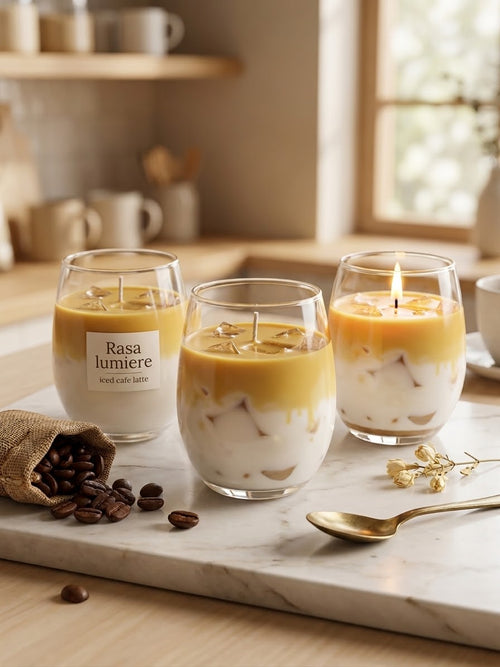 Iced Café Latte handmade candle in glass tumbler with two-tone wax layers, surrounded by coffee beans